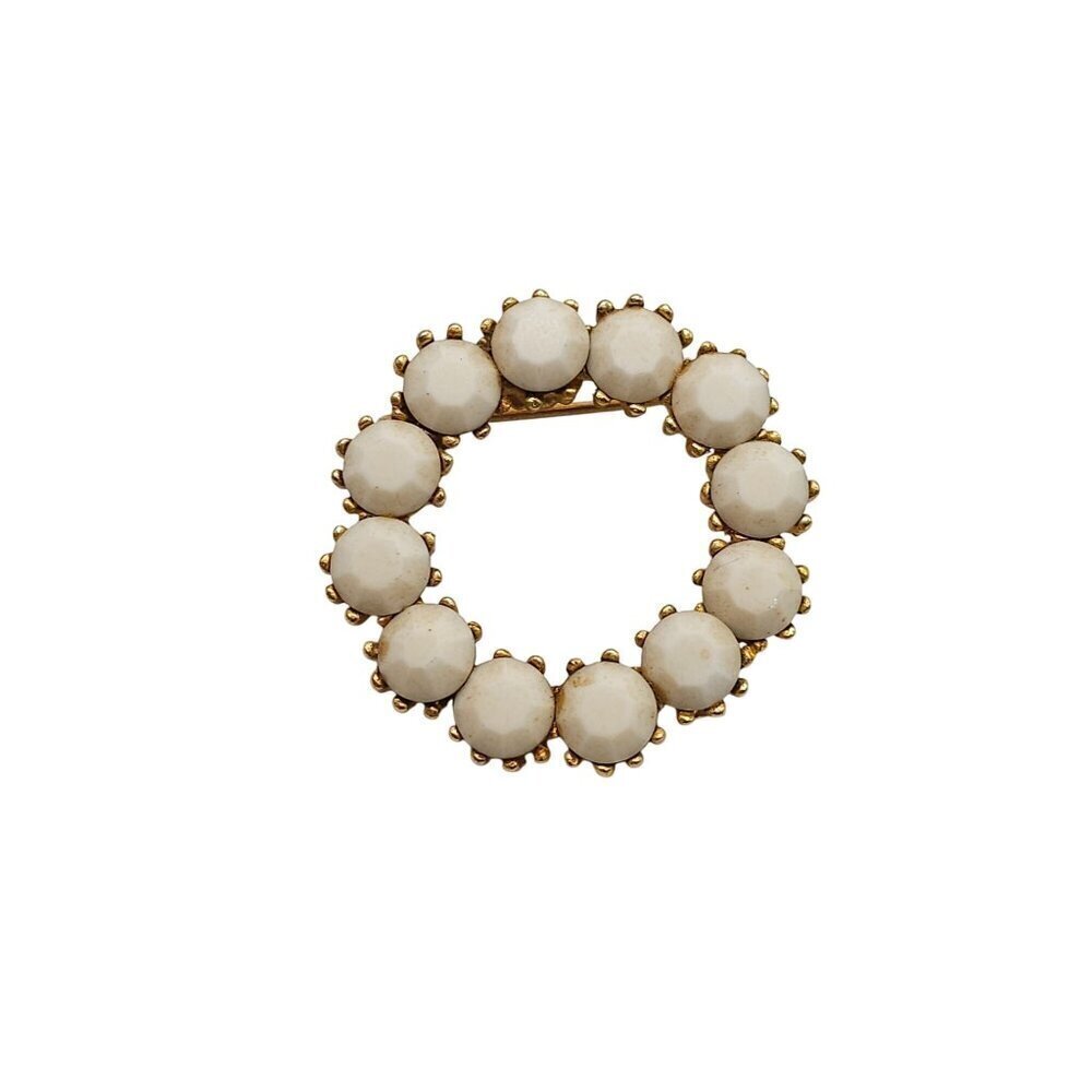 Vintage Gold Tone Circle Brooch Pin With White Glass Cabochons